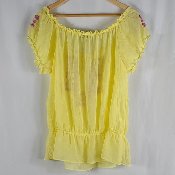 Sheer Yellow Embroidered Flowy Ruffle Blouse - Picture 10 of 10